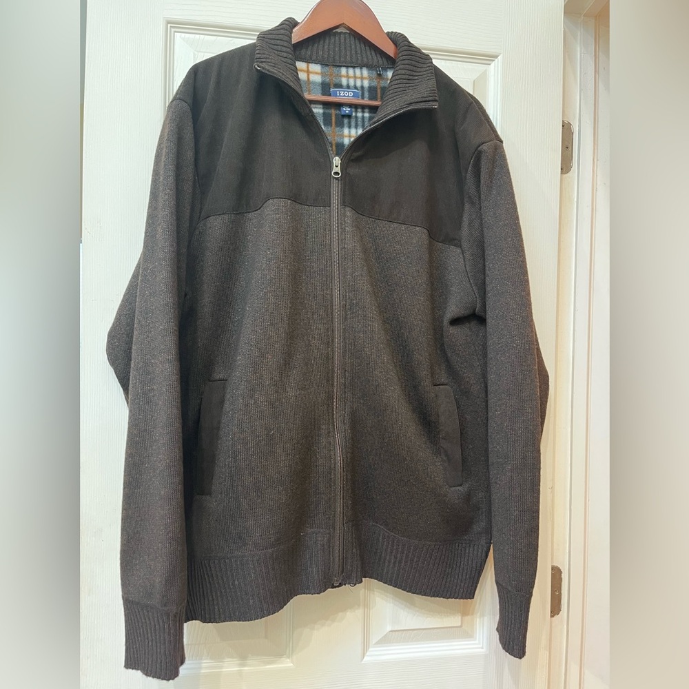 Izod Full Zip Sweater with Plaid Fleece Lining and Pockets Size XL